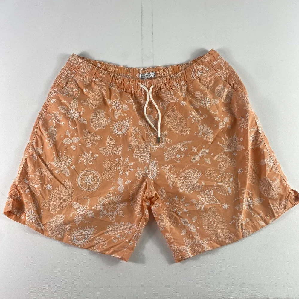 Peter Millar Swim Shorts Mens XL Orange White Floral‎ Paisley Board Trunks Beach